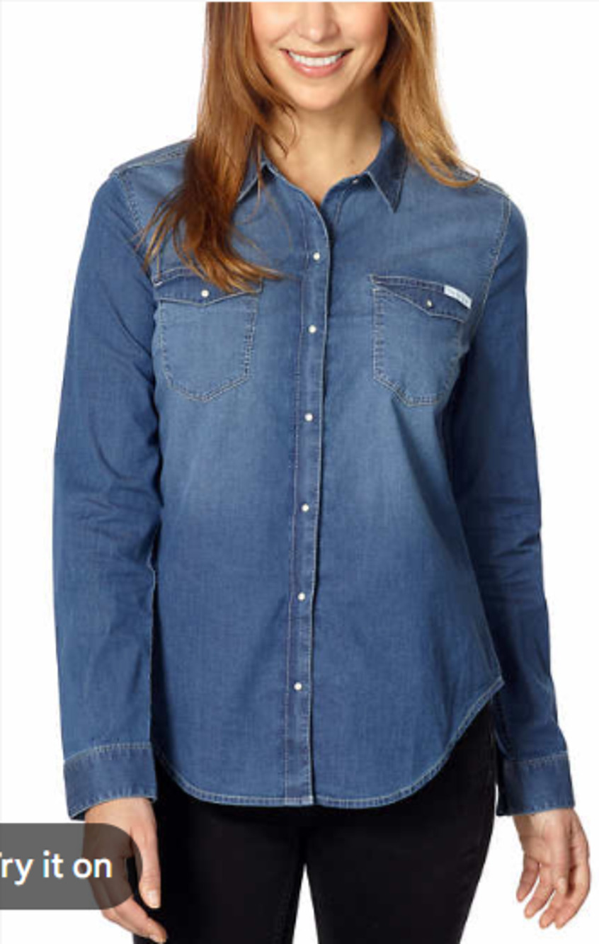 Calvin Klein Women's Blue Brady White Small Snap Front Denim Shirt L 8-12